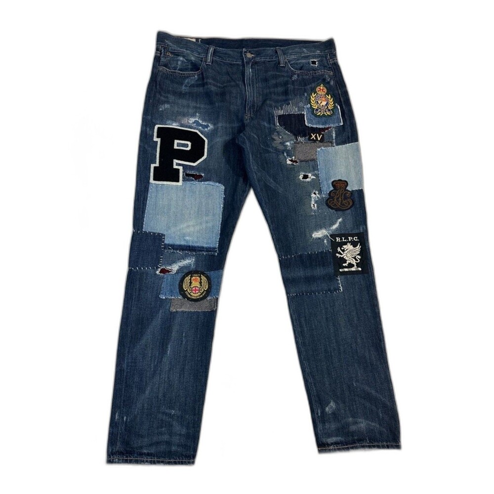 Polo Ralph Lauren Dungarees Patchwork Blue Distressed Denim Pants Wmns Sz 31X30